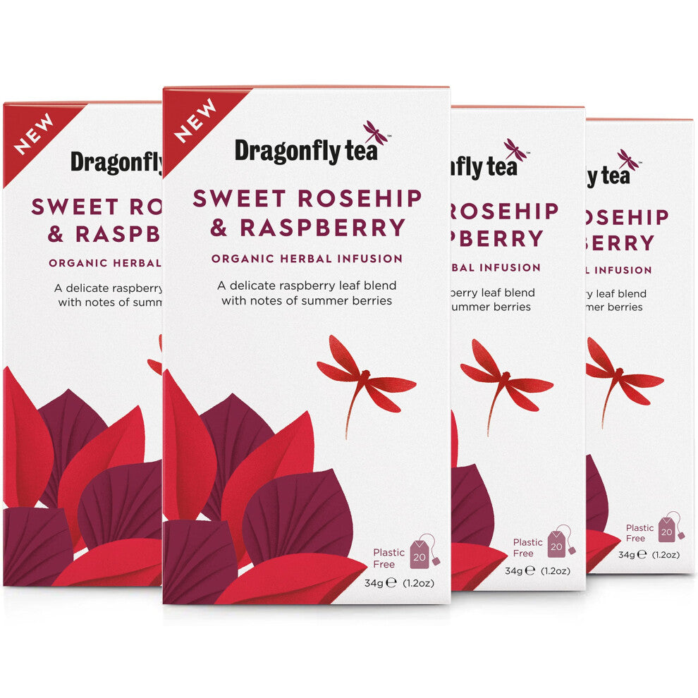 Dragonfly Sweet Rosehip & Raspberry Tea, 4 x 20 Organic Tea Bags (80 Teabags), Delicate & Comforting Raspberry Leaf Tea Bags, Caffeine-Free Fruit Tea,