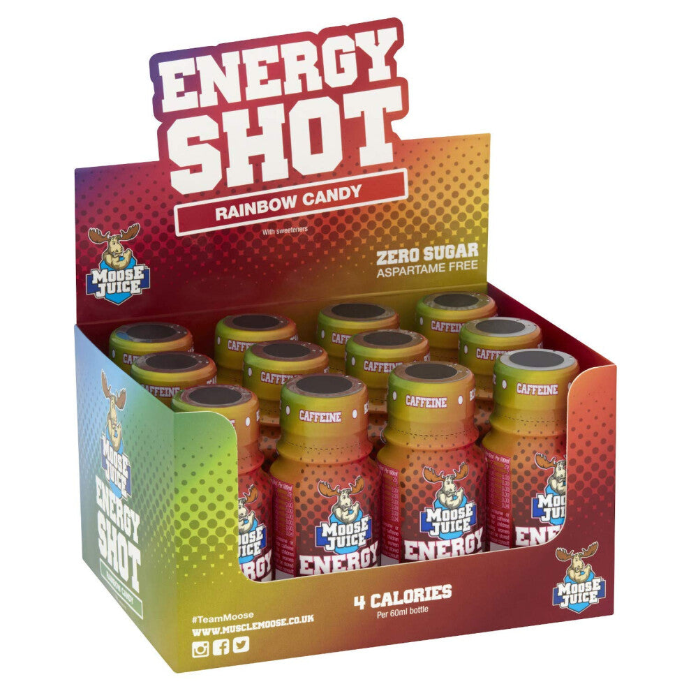 Muscle Moose ? Moose Juice Energy Shots | Caffeine Drink, BCAA & B Vitamins, Zero Sugar, Aspartame-free, Rainbow Candy, 60ml (12 Shots)