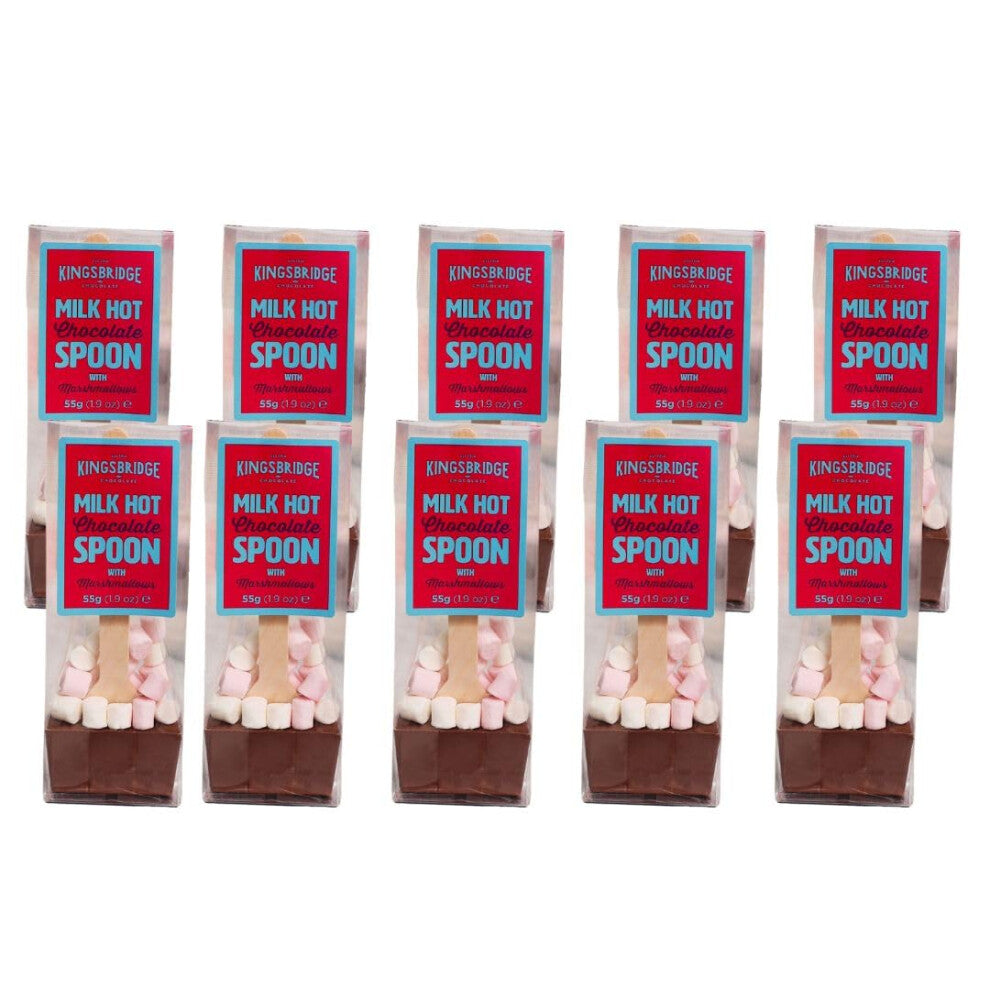 Kingsbridge Hot Chocolate Spoons - Belgian Milk Choc & Marshmallows, 10 Pack | Choc Block with Wooden Stirrer & Added Sweet Treats | Gifts for