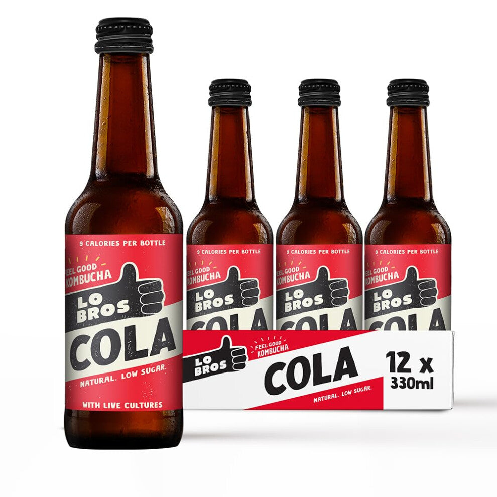 Lo Bros Kombucha - Cola - Sparkling Refreshing Drink with Natural Ingredients and Live Cultures, Supports Gut Health, Low Sugar, Vegan, Bottles- 12 x