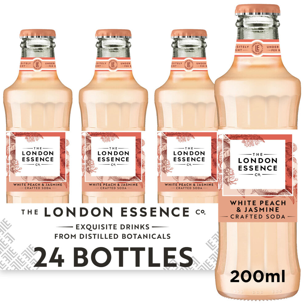 The London Essence, Co. White Peach & Jasmine Soda, Premium Cocktail Mixer, 200ml, Pack of 24 bottles, No Artificial Colours Preservatives or
