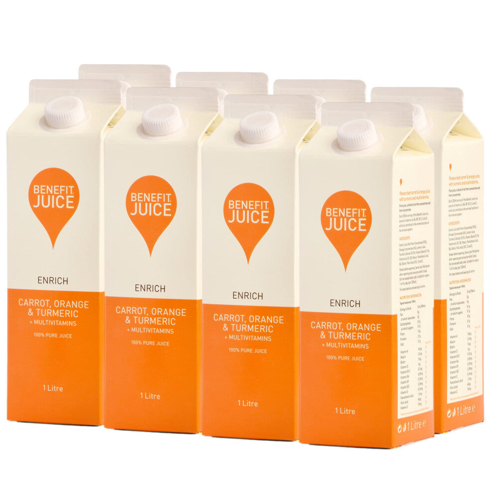 Benefit Drinks Pure Carrot, Orange & Turmeric Juice with Vitamin A, C and E - 8 x 1L Pack - Healthy Drinks Superfood