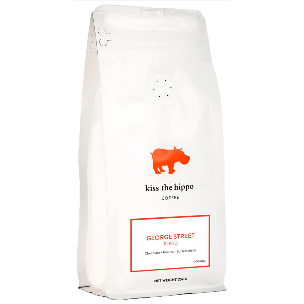 Kiss the Hippo - George Street Blend Coffee| Organic Whole Beans | Carbon-Negative | Cafetiere, Filter | Suitable For Milk Coffee | Notes of Caramel,
