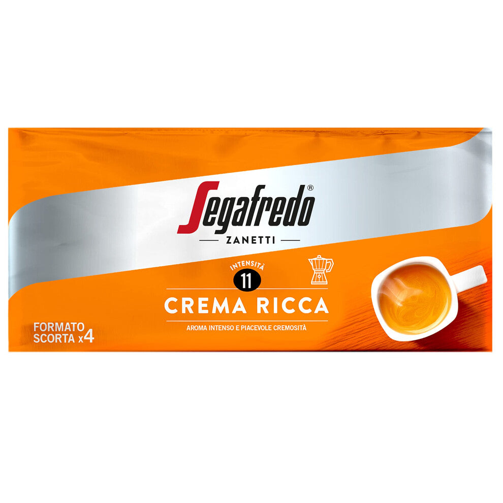 Segafredo Zanetti ground Coffee Crema Ricca (4 x 250 grams) - Suitable for Moka - Line le Classiche, medium Roast, intense Aroma and pleasant