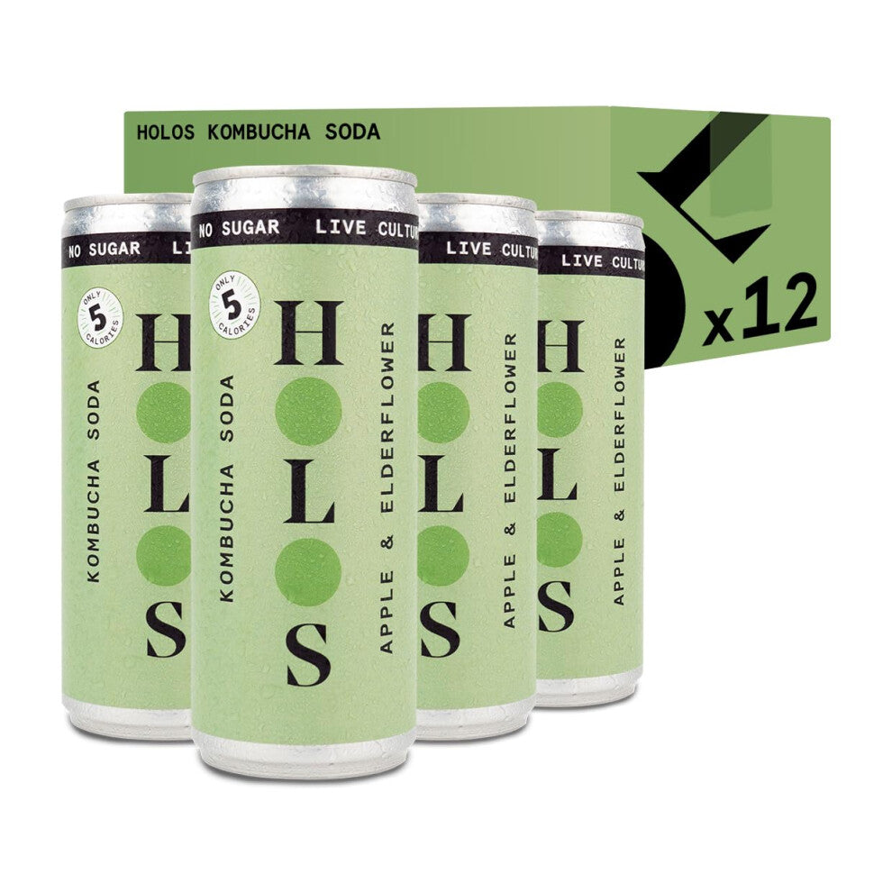 HOLOS Kombucha Soda - Apple & Elderflower Sparkling Kombucha - Vegan Sugar Free Drinks - Gluten Free Live Culture Drink - 12 x 250ml Kombucha Cans