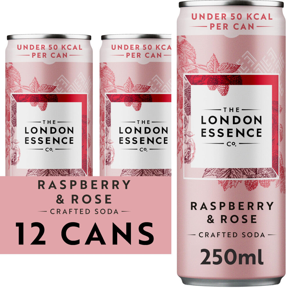 London Essence, Raspberry & Rose Crafted Soda, Premium Soft Drink, 250ml, Pack of 12 cans, No Artificial Colours Preservatives or flavours, Low