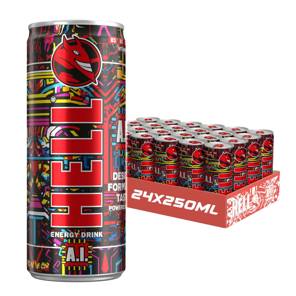 Hell Energy Drink A.I | 24 x 250ml Cans Multipack | 32mg-100ml Caffeine | Contains Vitamins B2 B3 B5 B6 B12 | Preservative Free | Vegan | Reduce