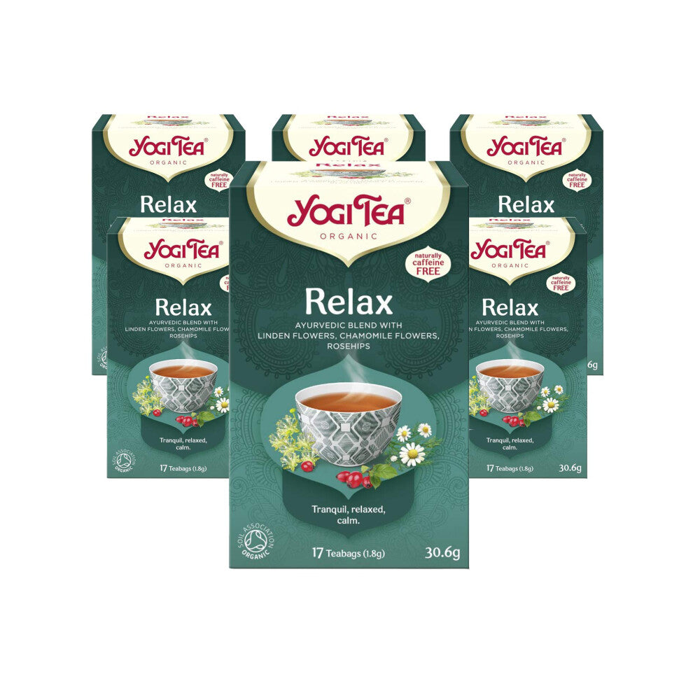 Yogi Tea, Relax, Organic Herbal Tea, Naturally Caffeine Free, Blend of Linden Flowers, Chamomile Flowers and Rosehips, 6 Packs x 17 Tea Bags (102