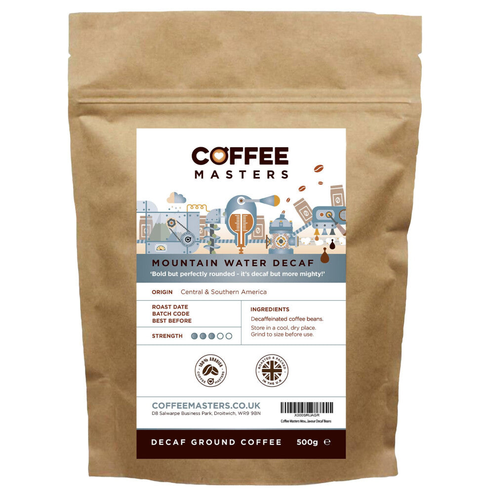 Coffee Masters Mountain Water Decaf Ground Coffee 500g - 100% Arabica Coffee Beans - Espresso Ground Coffee Suitable for Espresso Machines - Bold and