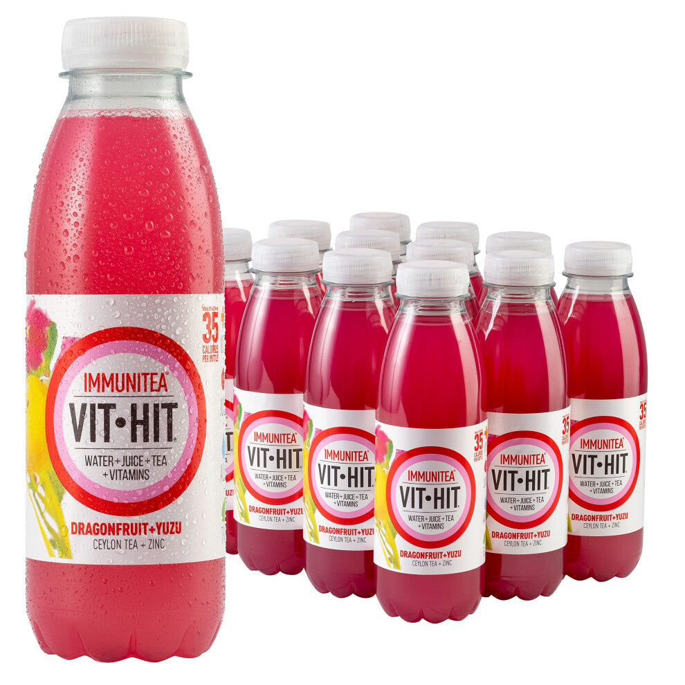VIT HIT IMMUNITEA - 12 x Dragonfruit + Yuzu + Ceylon Tea | Vegan, Low Sugar, Low Calories, Vitamin Drink | 100% RDA of 8 Vitamins (500ml x 12 Bottles)