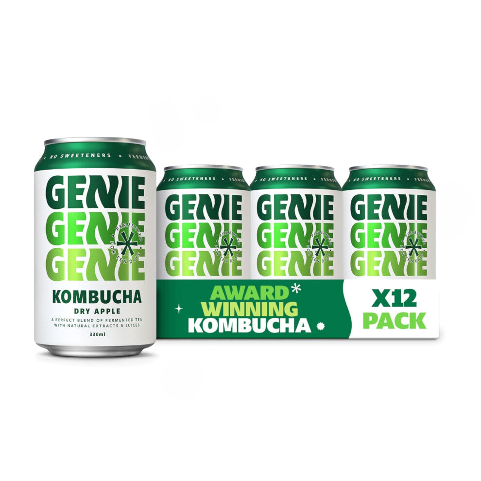 GENIE LIVING DRINKS - Dry Apple Kombucha, Delicious Adult Soft Drinks, Fermented 10 Days for Gut Health, 100% Vegan, No Sweeteners, No Nasties, Made