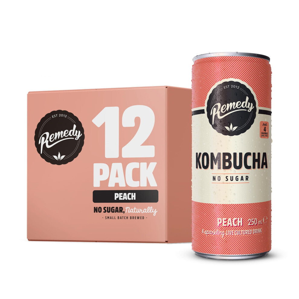Remedy Kombucha Tea - Peach - Sparkling Live Cultured, Naturally Sugar Free Soft Drink - Prime Probiotic for Gut Health - 12 x 250ml