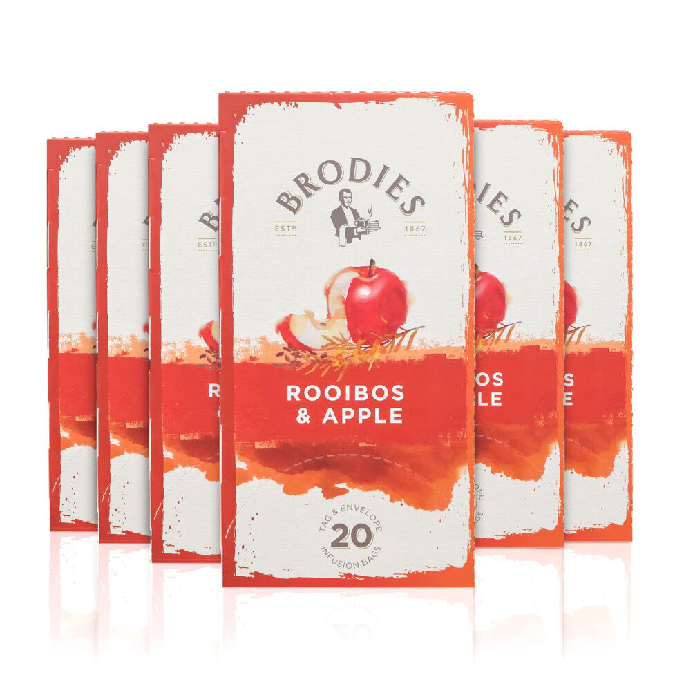 Brodies Rooibos and Apple Tag and Envelope - 6 Tea Boxes of 20 Tea Bags each (120 Tea Bags) - Infusion of natural nutty tase combined with the flavour