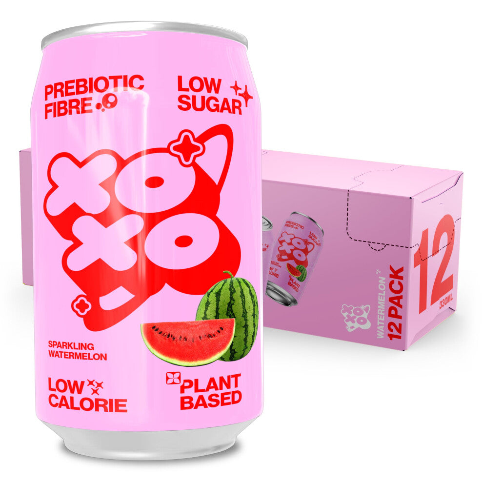 XOXO Watermelon Prebiotic Soda (12 x 330ml Cans) | Refreshing Sparkling Prebiotic Drink With 6g of Plant-based Prebiotic Fibre | Natural & Low Sugar &