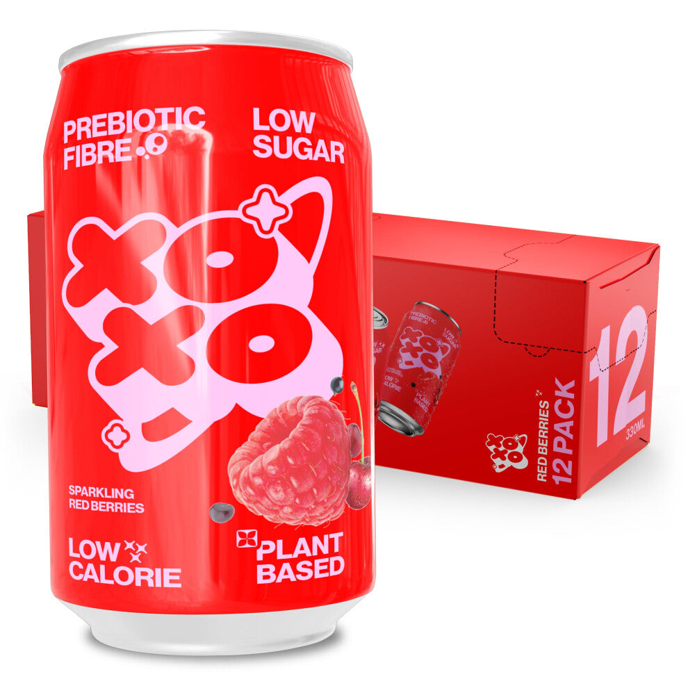 XOXO Red Berries Prebiotic Soda (12 x 330ml Cans) | Refreshing Sparkling Prebiotic Drink With 6g of Plant-based Prebiotic Fibre | Natural & Low Sugar