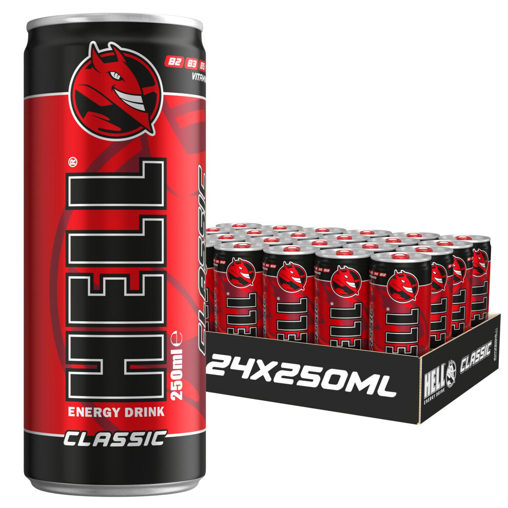 HELL Energy Drink Classic Flavour | 24 x 250ml Cans Multipack | 32mg-100ml Caffeine | Contains Vitamins B2 B3 B5 B6 B12 | Preservative Free | Vegan |