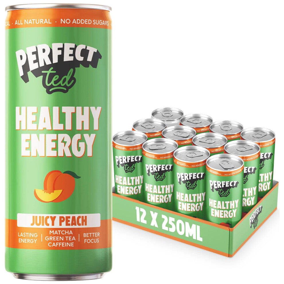 Perfect Ted Healthy Energy Drink | Juicy Peach Box of 12x 250ml Cans | Clean Energy Drink | All-Natural Sustained Energy | 43KCAL | 80MG Caffeine Per