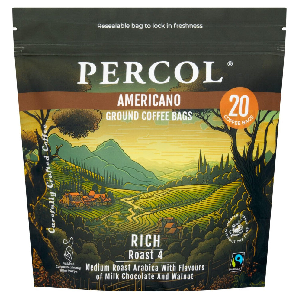 Percol - Americano Loose Packed Ground Coffee Bags (80x8g), Luxury Roast & Ground, Fairtrade, Hand-Picked Arabica Beans, Medium Roast, Strength 4,