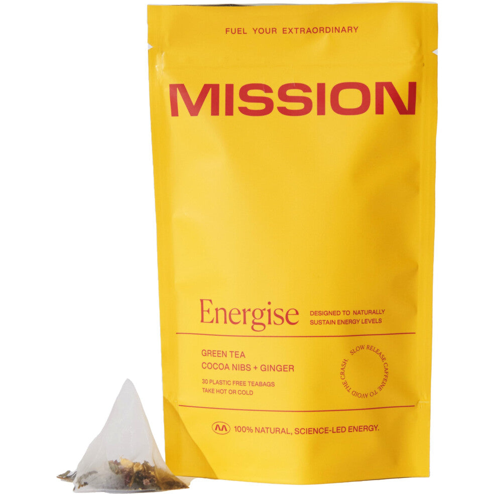 MISSION - Energise Tea - Green Tea with Cocoa & Ginger - Improve Cognitive Function - 30 Pyramid Tea Bags