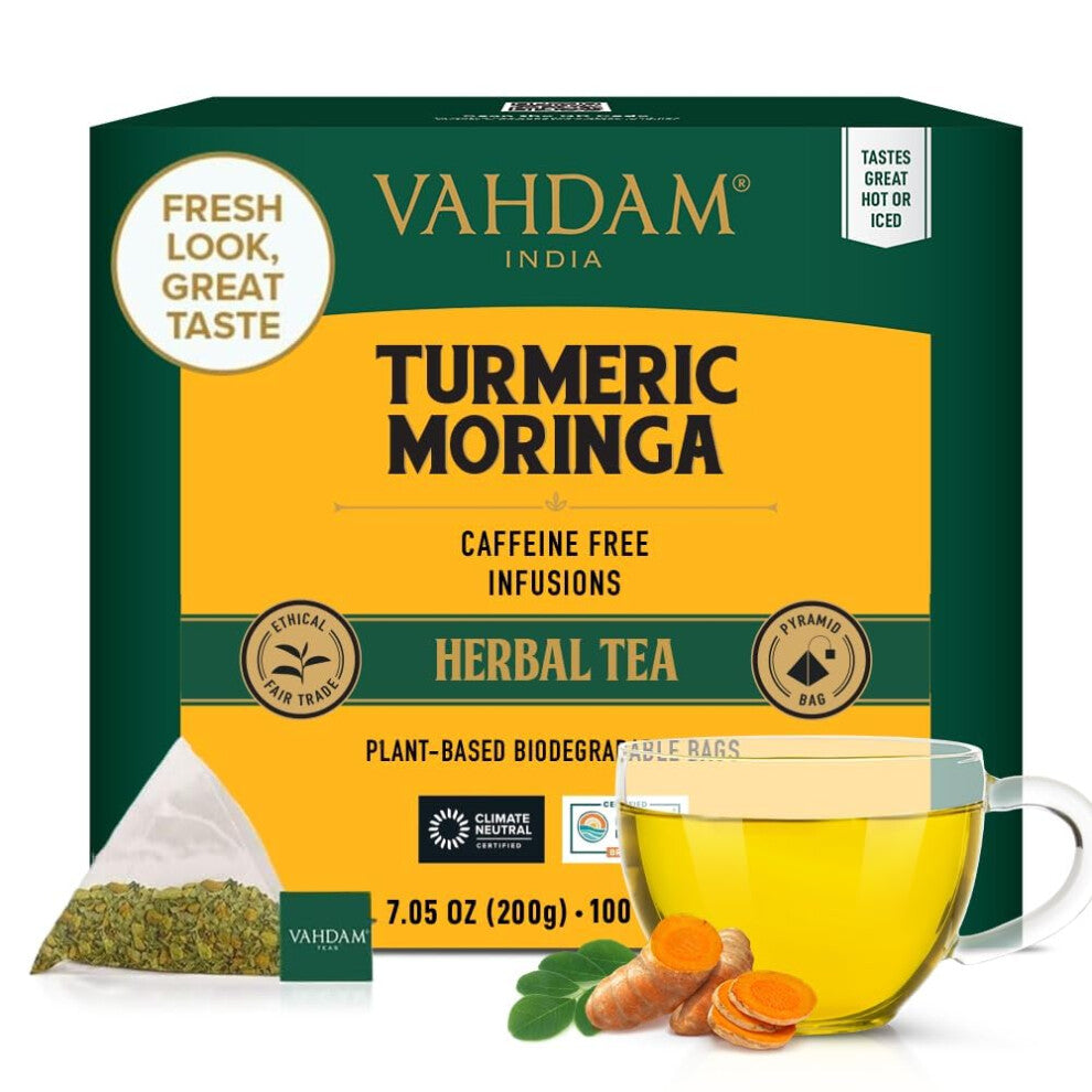 VAHDAM, Turmeric Moringa Tea Bags (100 Herbal Tea Bags) Caffeine Free, Non GMO, Gluten Free | 100% Pure Herbal Blend - Sweet & Earthy | Resealable