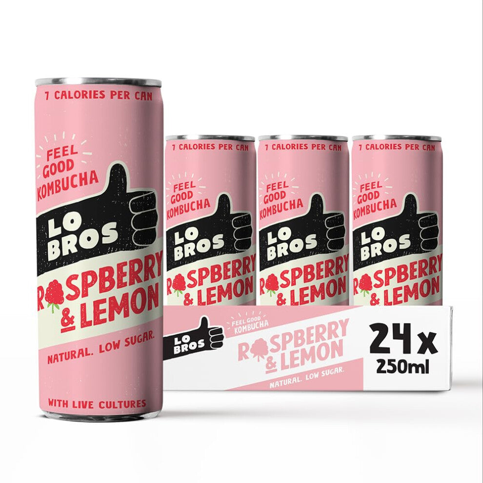 Lo Bros Kombucha - Raspberry & Lemon - Sparkling Refreshing Drink with Natural Ingredients and Live Cultures, Supports Gut Health, Low Sugar, Vegan,