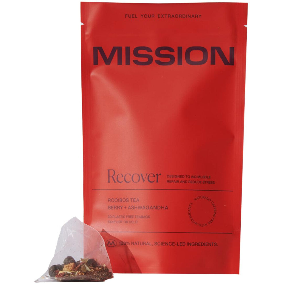 MISSION - Recover Tea - Rooibos Tea with Berry & Ashwaganda - Aid Muscle Repair - 30 Pyramid Tea Bags