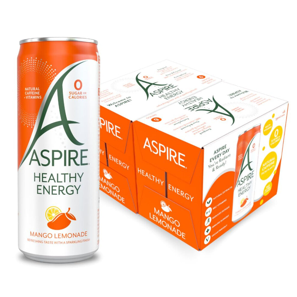 ASPIRE Mango Lemonade Healthy Energy Drink ? 12 x 330ml Cans ? Zero Calories & Zero Sugar ? Natural Plant Based Caffeine - Vegan & Gluten Free?