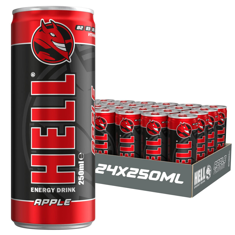 HELL Energy Drink Apple Flavour | 24 x 250ml Cans Multipack | 32mg-100ml Caffeine | Contains Vitamins B2 B3 B5 B6 B12 | Preservative Free | Vegan |