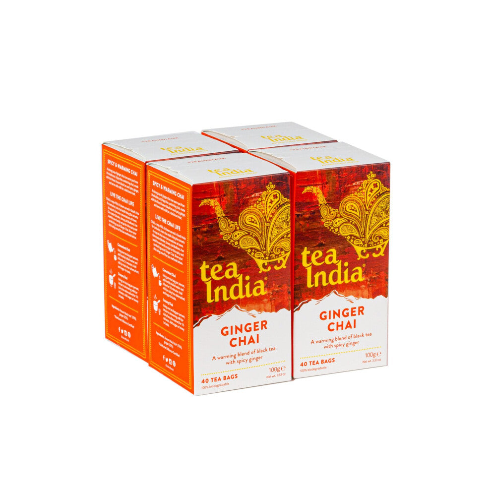 Tea India Chai Tea Bags (4 Packs of 40 Biodegradable Tea Bags) Rainforest Alliance Certified (Ginger Chai)