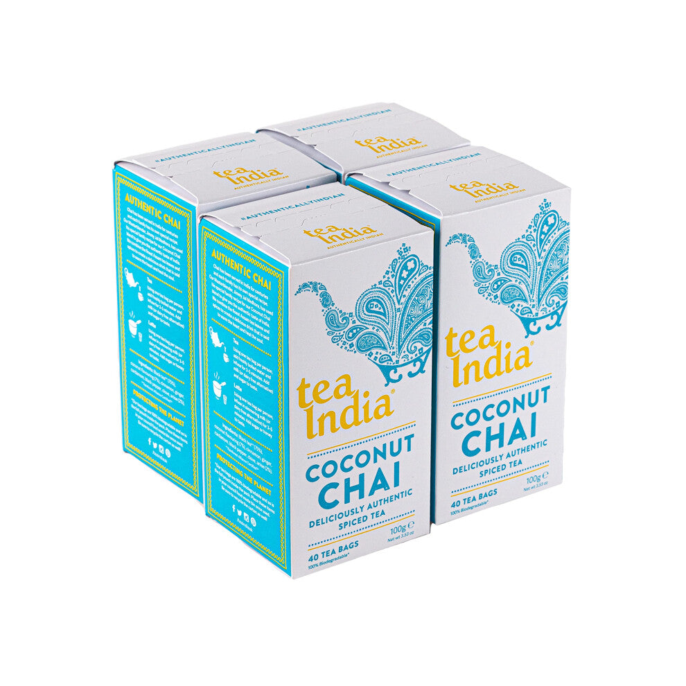 Tea India Coconut Chai Tea bags 4 Boxes x 40 Chai Tea Bags (160 Tea bags total) Rainforest Alliance Certified Coconut Tea