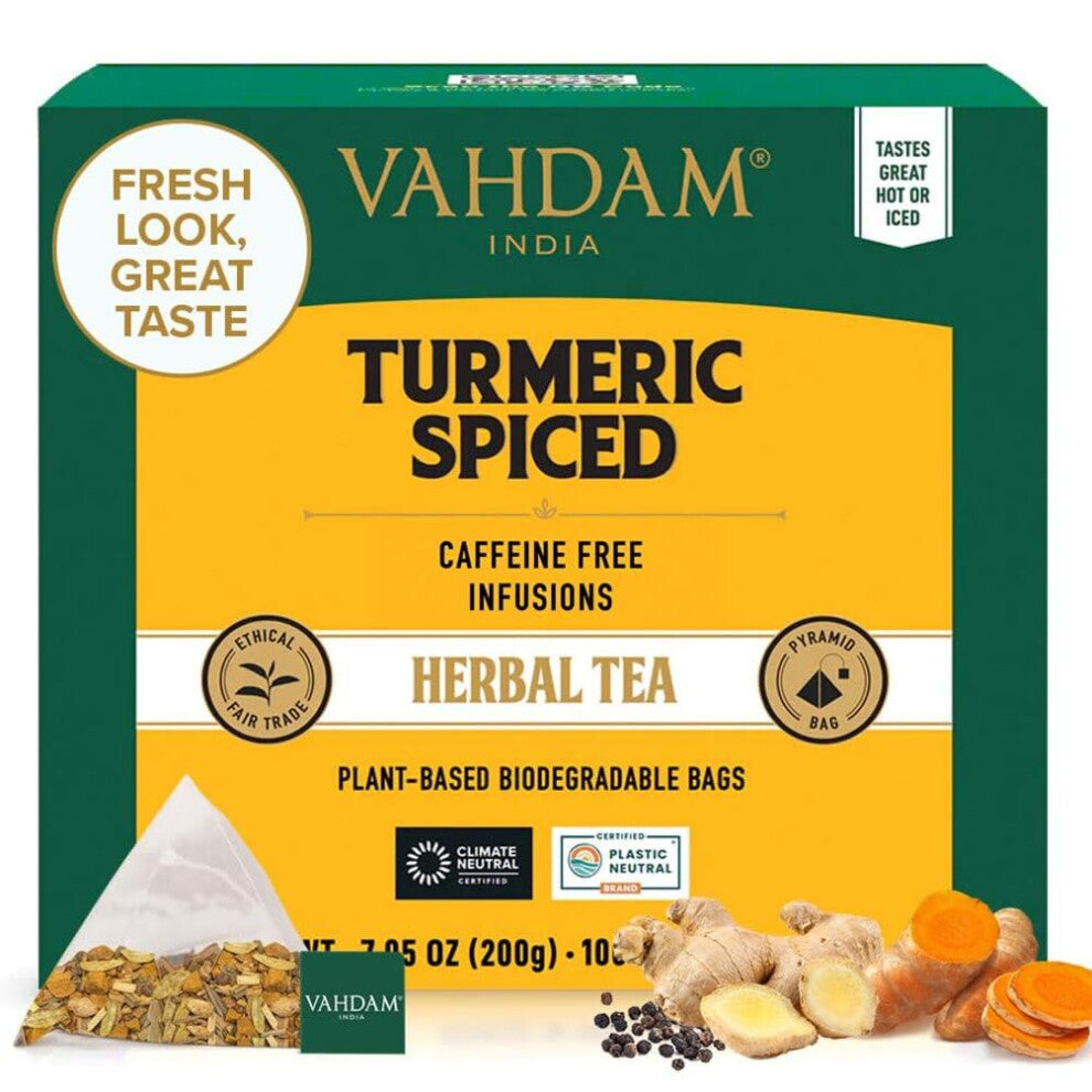 VAHDAM, Turmeric Spice Herbal Tea Bags (100 Pyramid Tea Bags) Caffeine Free | Non GMO, Gluten Free | 100% Pure Herbal Tisane - Savory & Spicy | Whole
