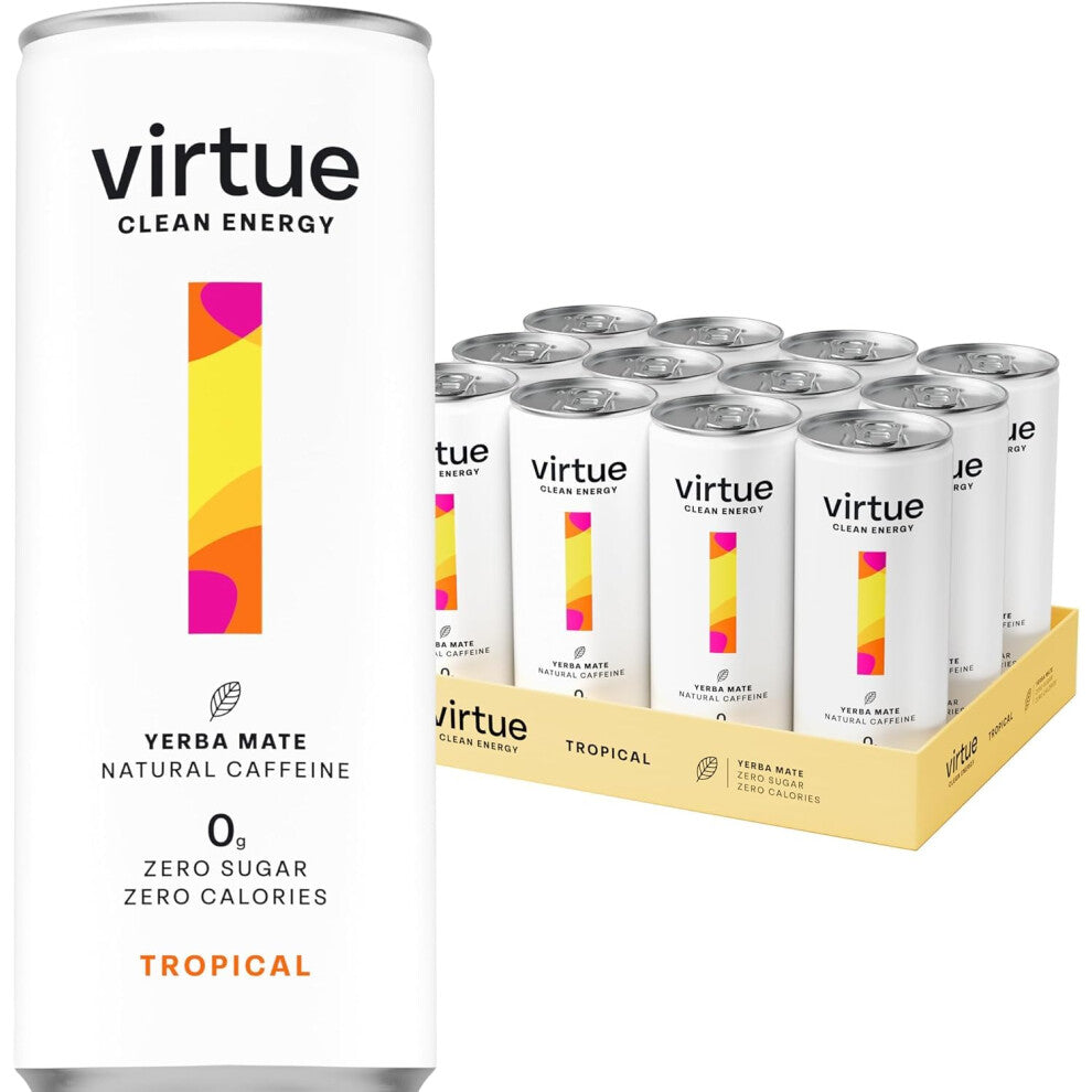 Virtue Yerba Mate - Natural Energy Drink - Sugar Free, Zero Calories, Vegan, Keto Friendly, Gluten Free - 12 x 250ml (Tropical)