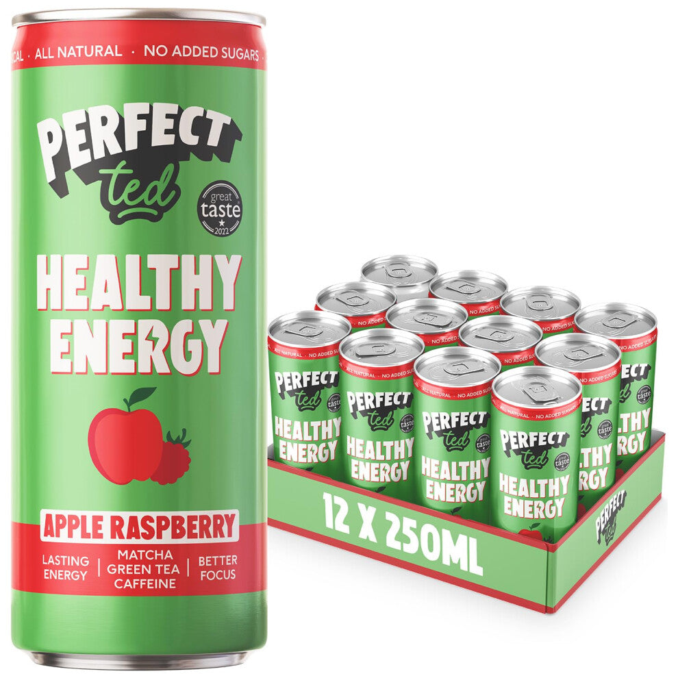 Perfect Ted Healthy Energy Drink | Apple Raspberry Box of 12 x 250ml Cans | Clean Energy Drink Gift Set | All-Natural Sustained Energy | 30KCAL | 80MG