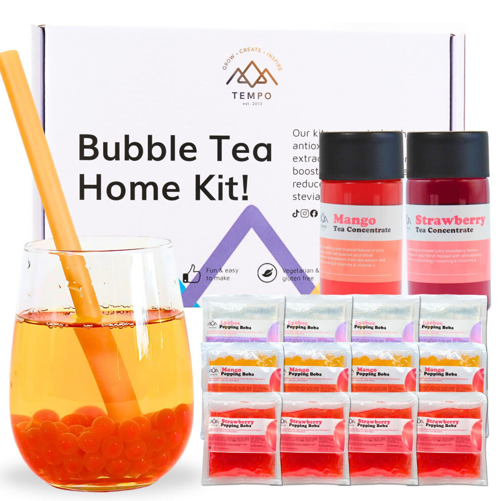 Bubble Tea Kit (Serves 12) - Mango & Strawberry with Lychee, Mango & Strawberry Popping Boba, Fruit Tea Concentrate, Low Calorie, Low Sugar