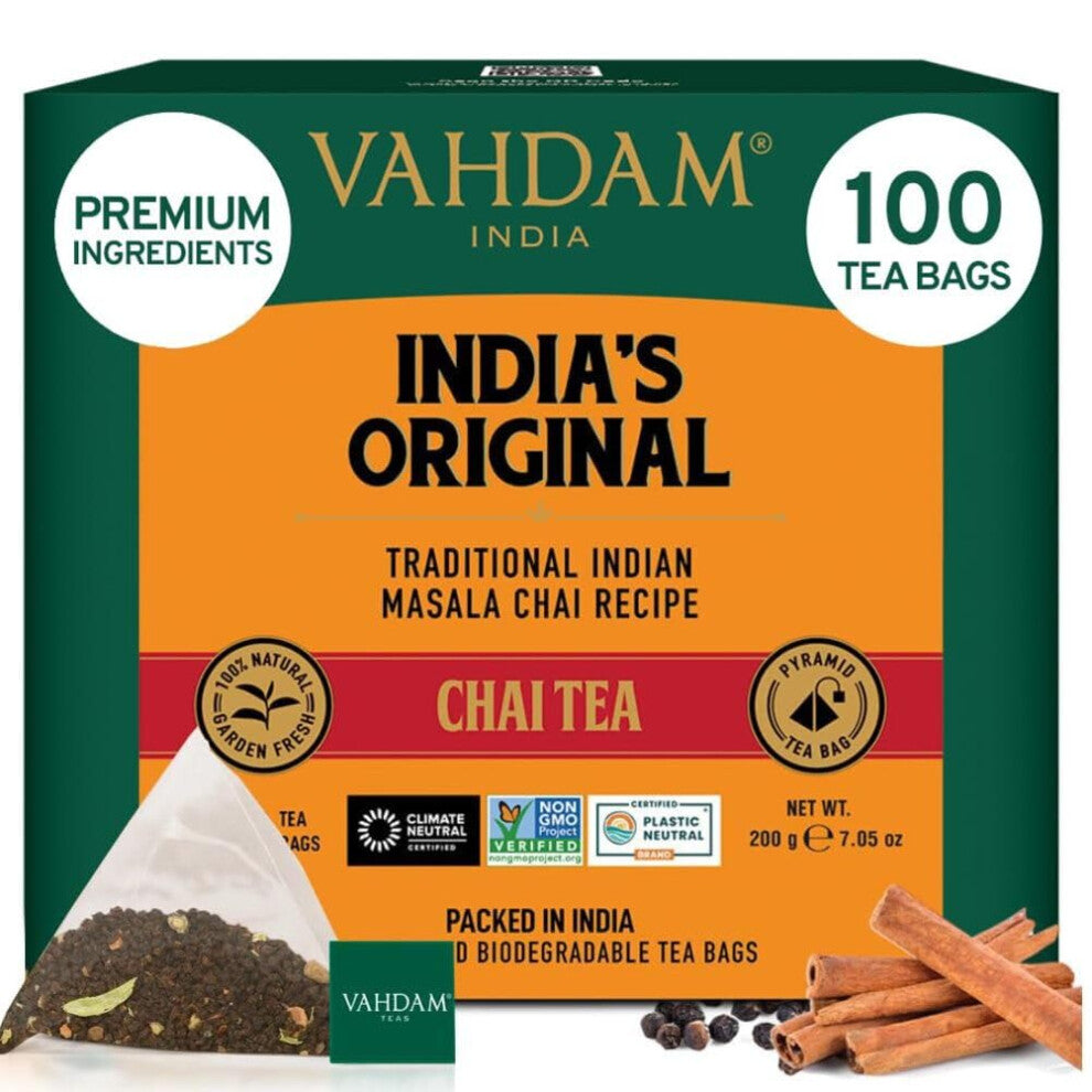 VAHDAM, India's Original Masala Chai Tea Bags (100 Count) Non GMO, Gluten Free, No Added Flavoring | Blended w- Exotic Spices | Whole Leaf Tea Bags |