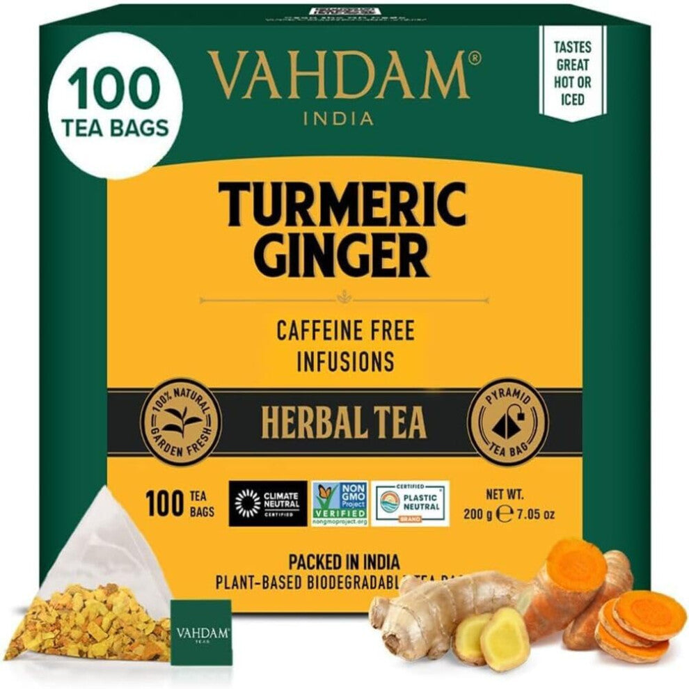 VAHDAM, Turmeric Ginger Herbal Tea Bags (100 Pyramid Tea Bags) Caffeine Free, Non GMO, Gluten Free | 100% Pure Herbal Blend - Savory & Spicy |