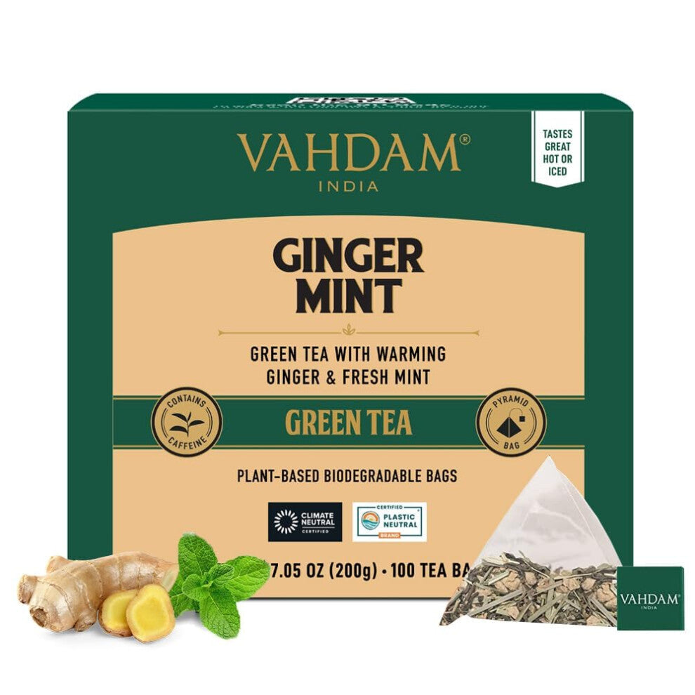 VAHDAM, Ginger Mint Green Tea Bags (100 Count) High Grown Green Tea with Raw Ginger | Low Caffeine | Non GMO, Gluten Free | Mint Tea Bags | Resealable
