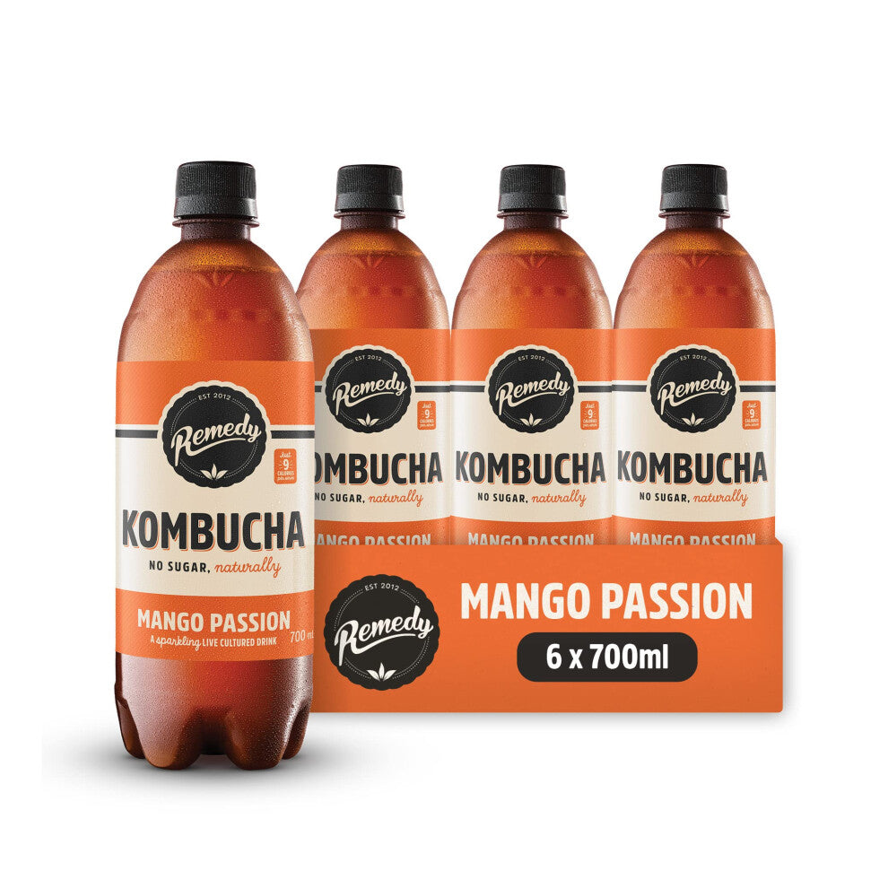 Remedy Kombucha Tea - Mango Passion - Sparkling Live Cultured, Naturally Sugar Free Soft Drink - Probiotic for Gut Health - 6 x 700ml