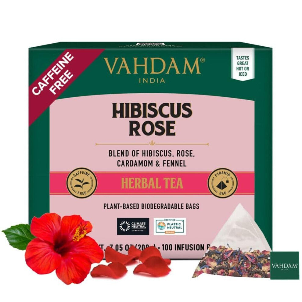 VAHDAM, Hibiscus Rose Tea Bags - 100% Whole Hibiscus Flowers Herbal Tea Bags (100 Count) With Rose, Chamomile & Exotic Spices | Caffeine Free, Floral