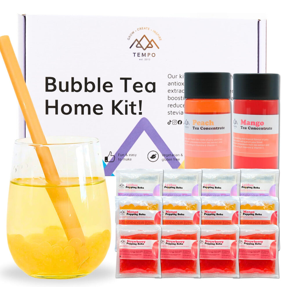 Bubble Tea Kit (Serves 12) - Peach & Mango with Mango, Strawberry and Lychee Popping Boba, Fruit Tea Concentrate, Low Calorie Low Sugar
