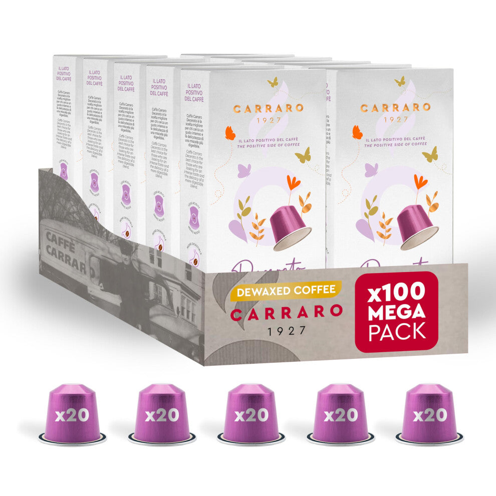 Carraro Decerato - 100 Aluminium Coffee Pods Compatible with Nespresso Original line - Dewaxed, Wellness, Low Acidity, More Digestible, Intense Aroma,
