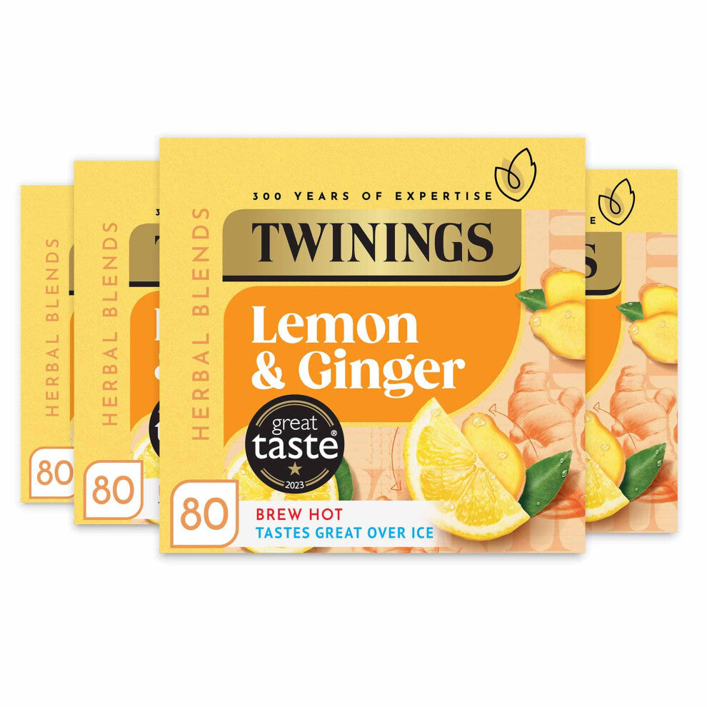 Twinings Lemon and Ginger Flavoured Tea -320 Biodegradable Bags (Multipack of 4 x 80), Caffeine-Free Herbal Tea with Zesty Lemon & Spicy Ginger