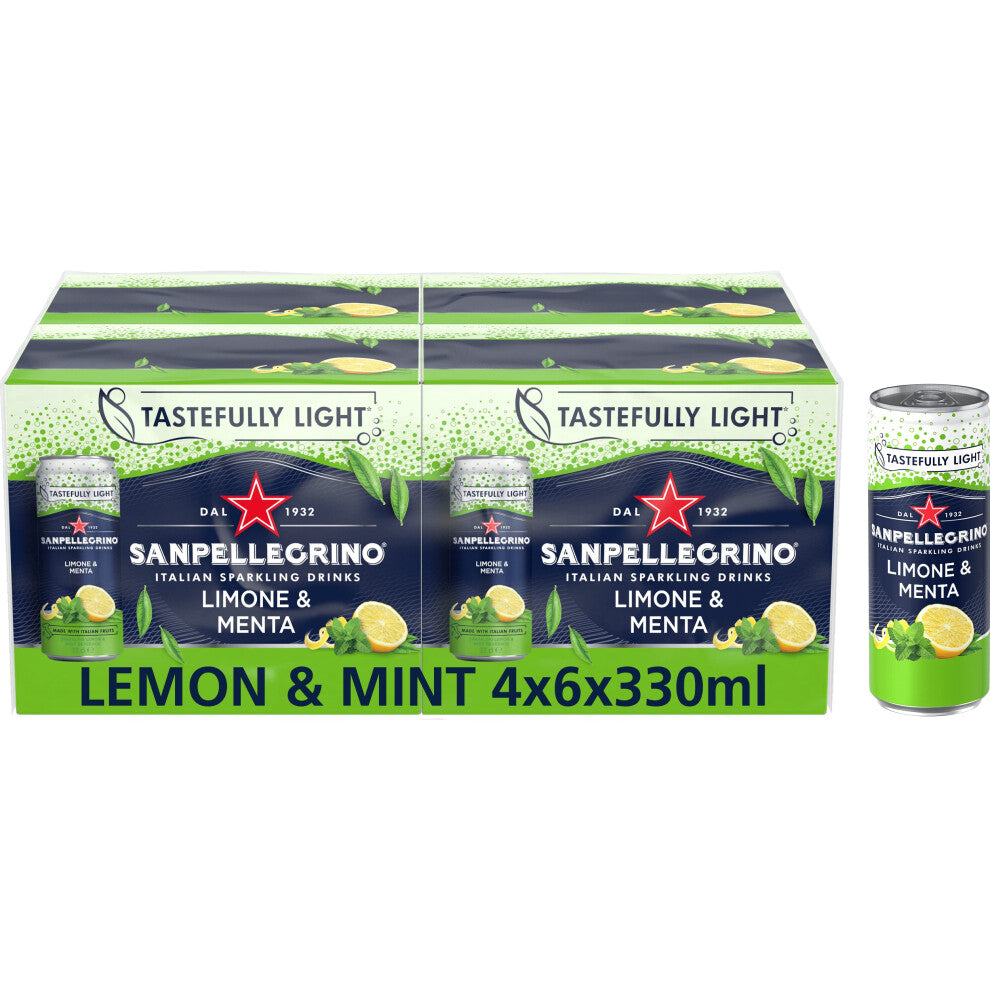 San Pellegrino Italian Sparkling Drinks Tastefully Light Sparkling Lemon & Mint Canned Soft Drink 24 Pack (4 Pack x 6 x 330 ml) | 74 kCals per Can