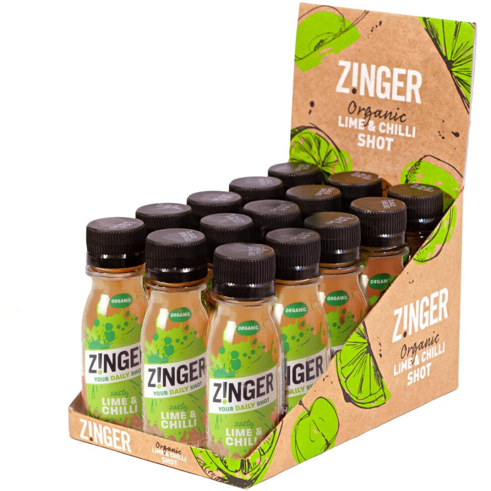 Zinger Organic Lime and Chilli shot. A sharp and tangy pick me up. Natural kick in a pocket-sized format suitable for vegans (15 x 70ml)