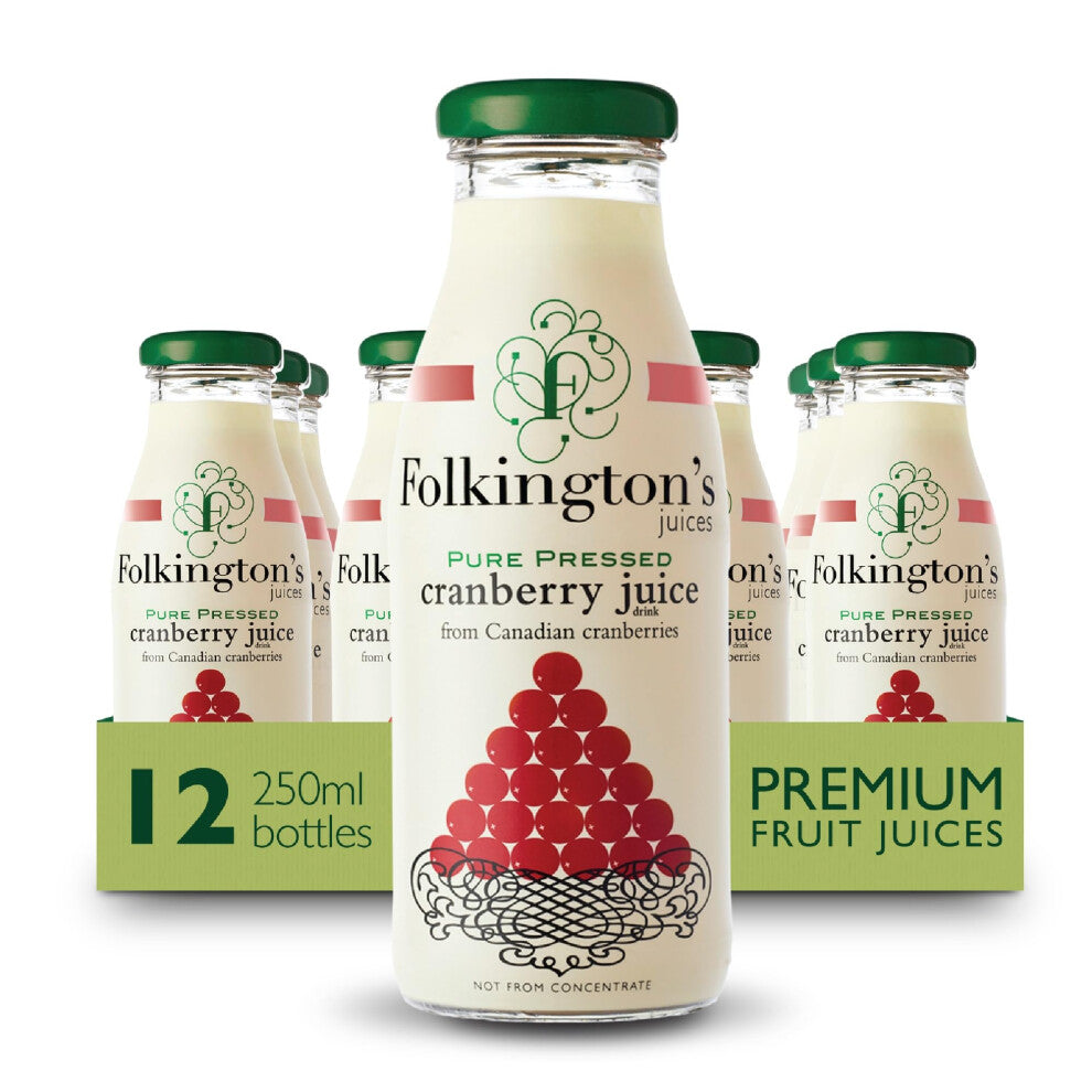 Folkington's Fruit Juice, Cranberry Juice, 12 Glass Bottles, Pure Fruit Juice, Multipack 12 x 250 ml
