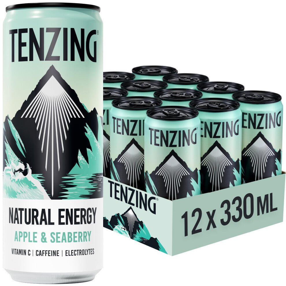TENZING Natural Energy Drink, Plant Based, Vegan, & Gluten Free, +BCAA, Apple & Seaberry, 330ml (Pack of 12) - Packaging may vary