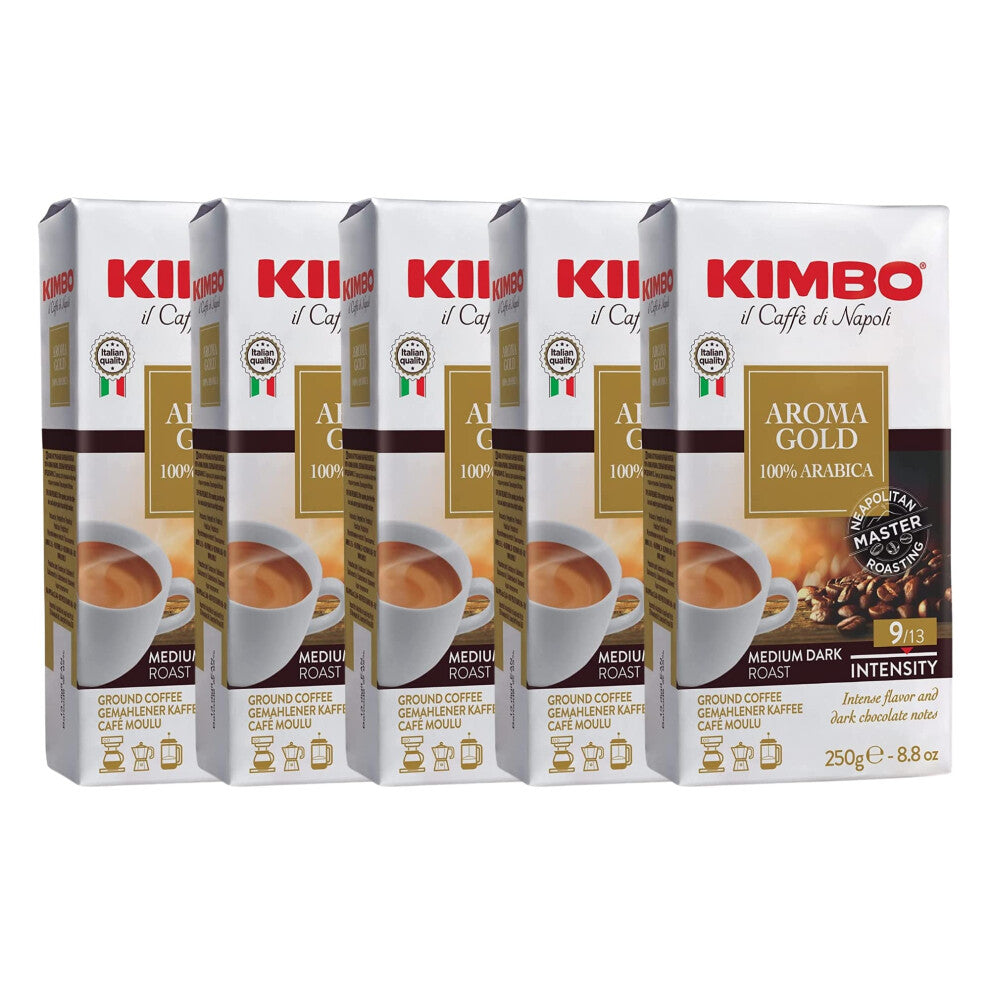 Kimbo Coffee, Aroma Gold 100% Arabica Multipack, Italian Ground Medium Dark Roast, 9-13, 5 x 250g
