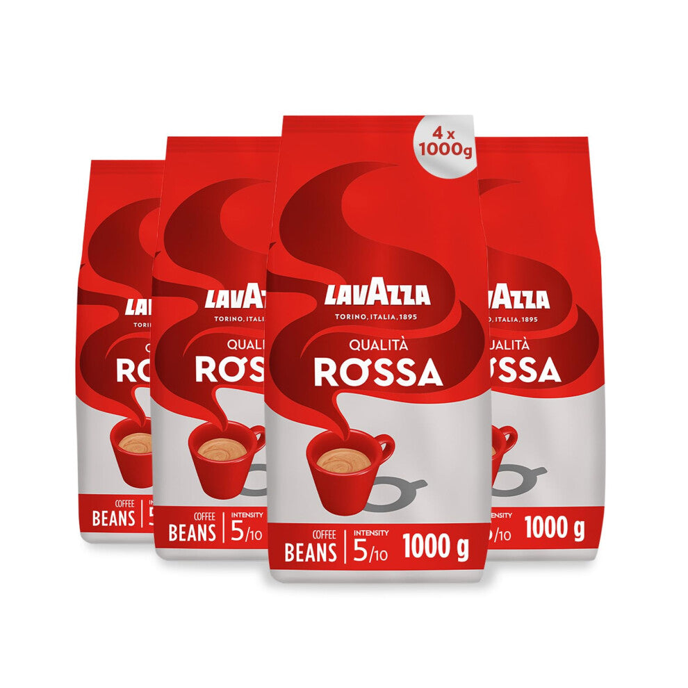 Lavazza, Qualit? Rossa, Coffee Beans, 4 Packets of 1 kg, with Aromatic Notes of Chocolate and Dried Fruit, Arabica and Robusta, Intensity 5-10, Medium