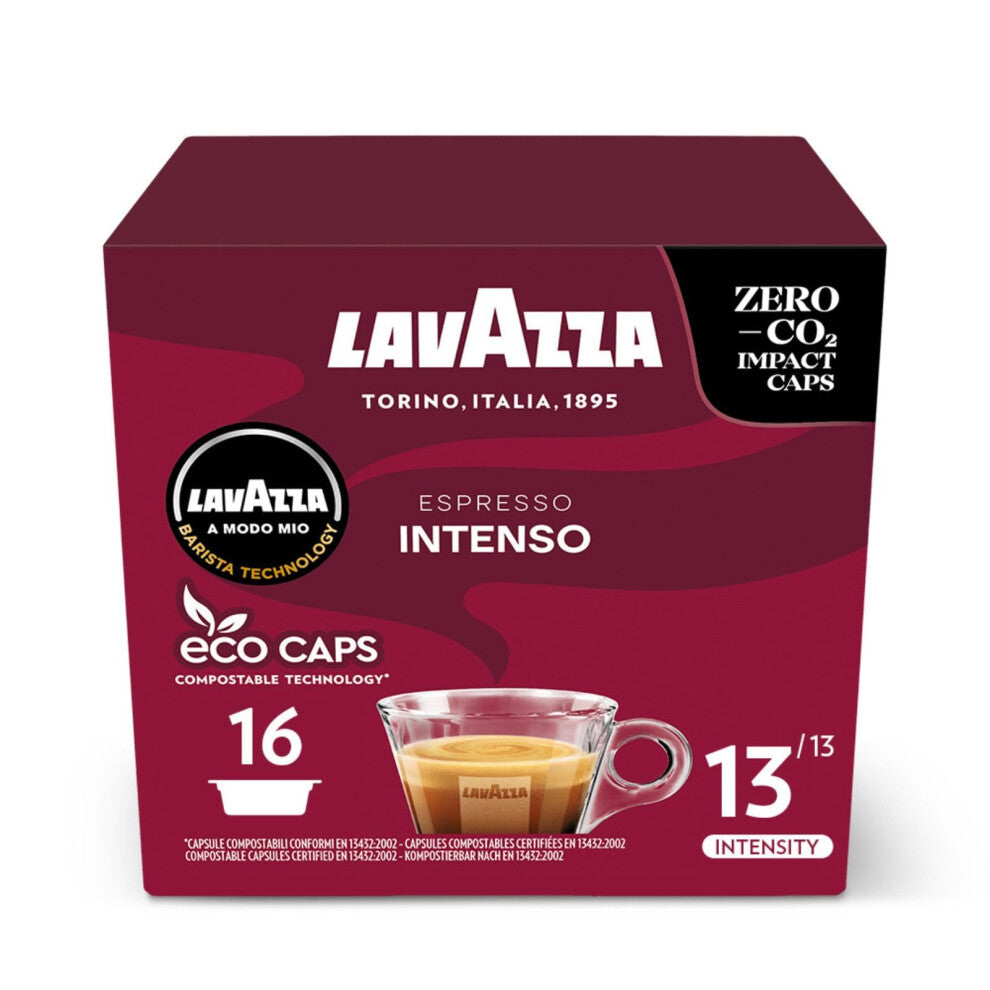Lavazza, A Modo Mio Espresso Intenso, Coffee Capsules, Arabica and Robusta, Spicy Notes, Intensity 13-13, Medium-Dark Roasting, Compostable, 16 packs