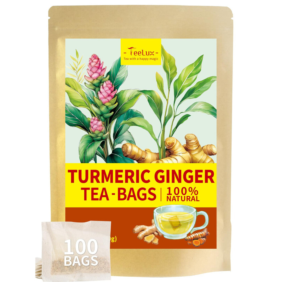 TeeLux Turmeric Ginger Tea Bags 100 Count, Vegan, Blend Natural Turmeric and Ginger Roots, Premium Caffeine Free Herbal Tea